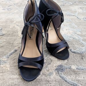 Nina Black Satin & Suede Lace-Up Open-Toe Heels